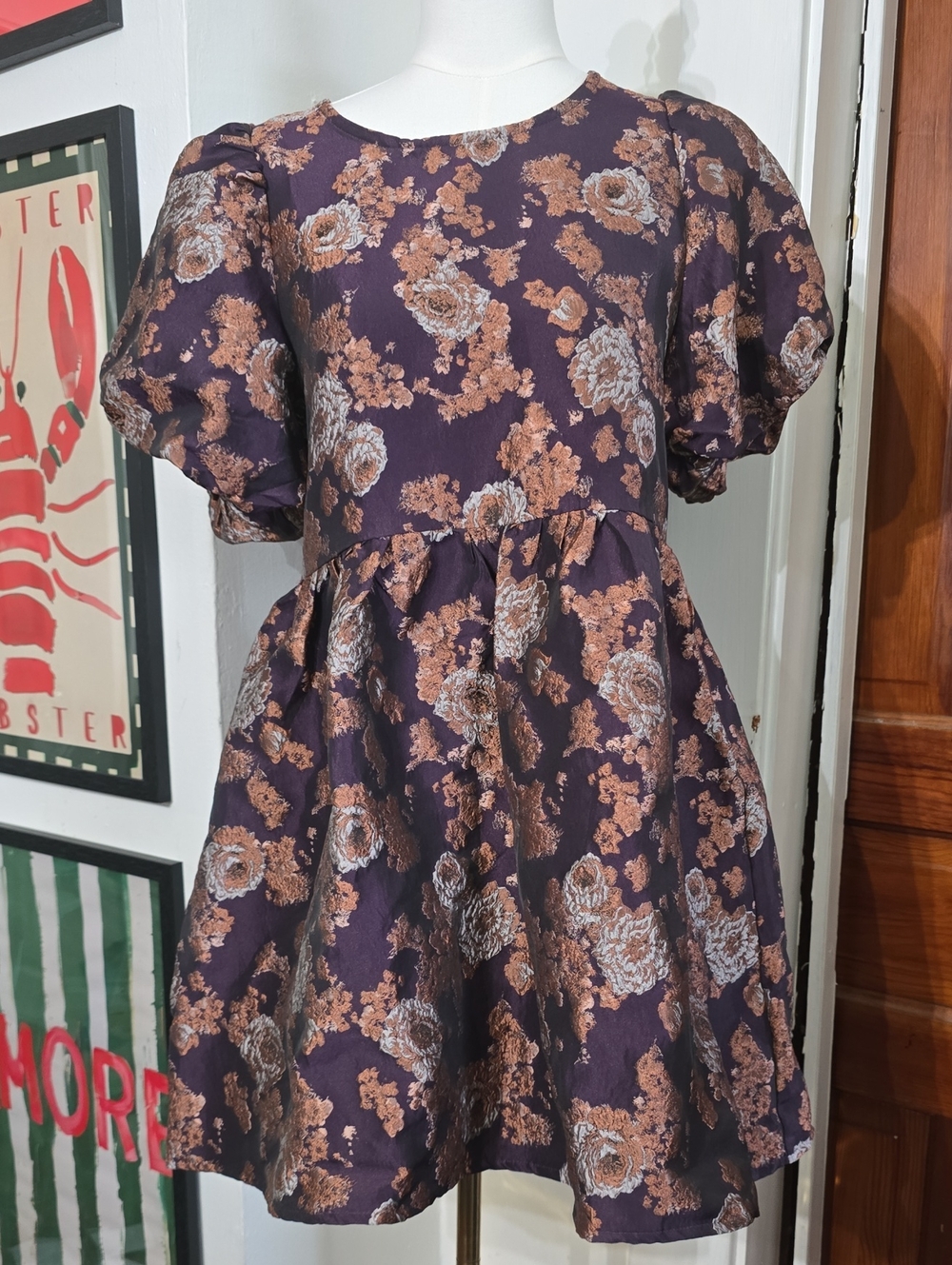 entro Metallic Floral Puff-Sleeve Babydoll Dress in Purple and Copper